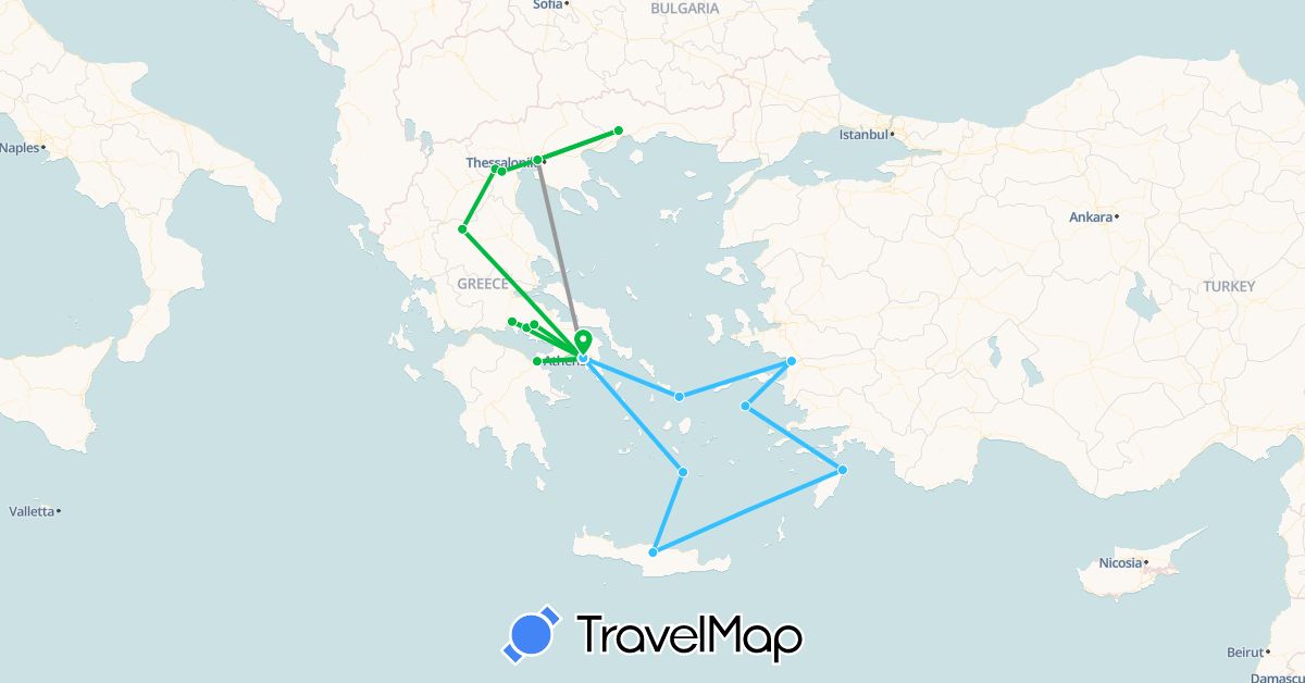 TravelMap itinerary: driving, bus, plane, boat in Greece, Turkey (Asia, Europe)